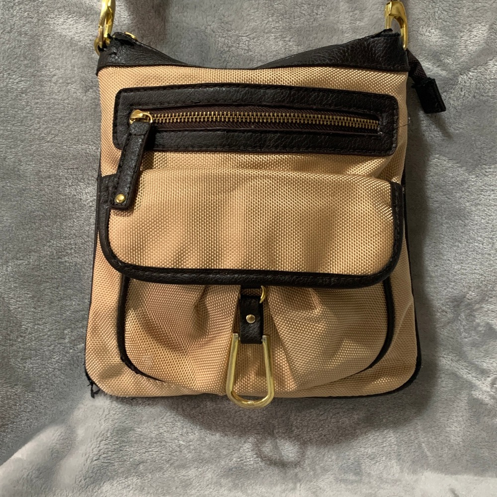 Braciano Beige Nylon Crossbody Bag Brown Trim Leopard Lining Gold Stirrup Flaw
